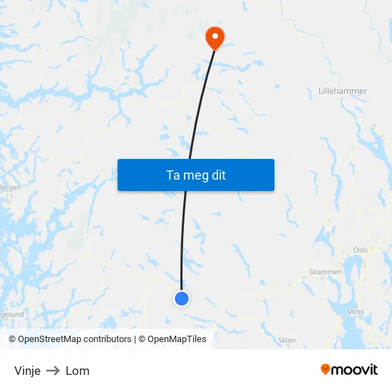 Vinje to Lom map