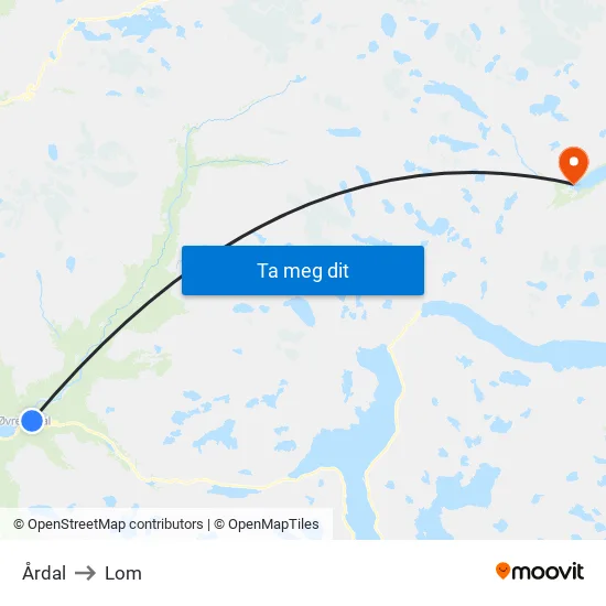 Årdal to Lom map