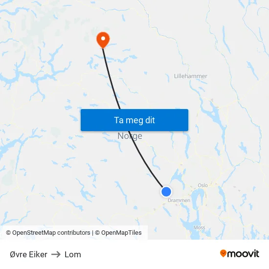 Øvre Eiker to Lom map