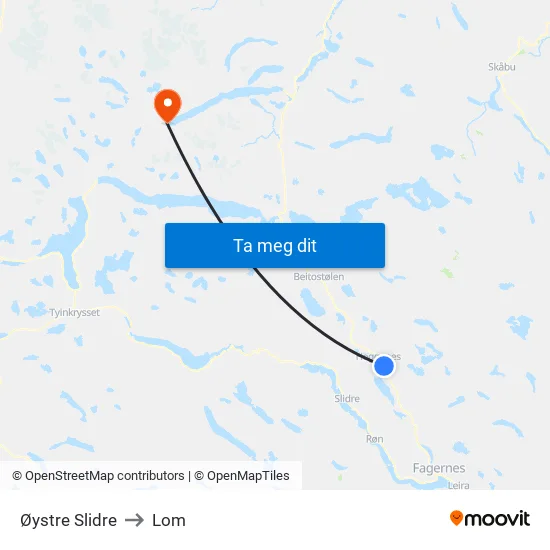 Øystre Slidre to Lom map