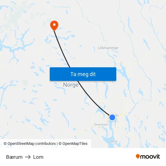 Bærum to Lom map