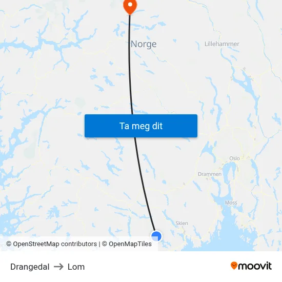 Drangedal to Lom map