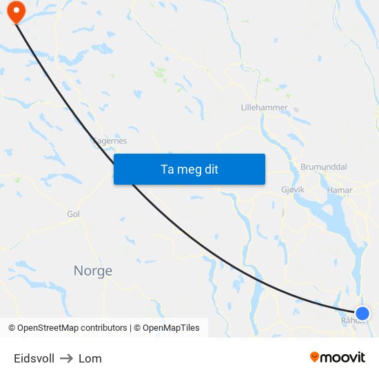 Eidsvoll to Lom map