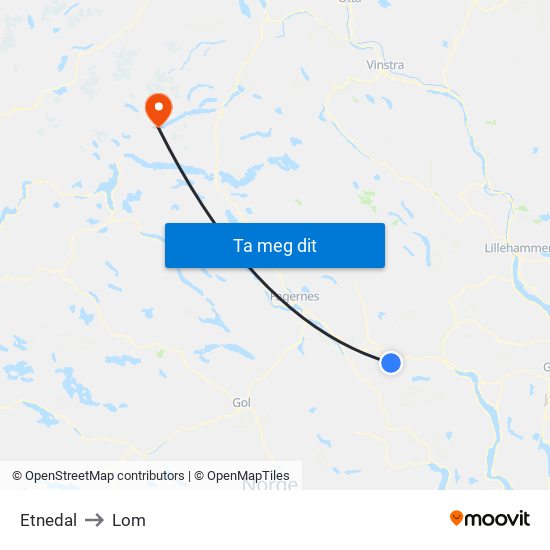 Etnedal to Lom map