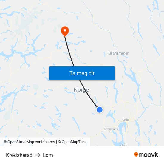 Krødsherad to Lom map