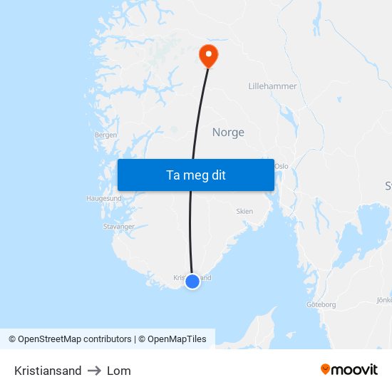 Kristiansand to Lom map