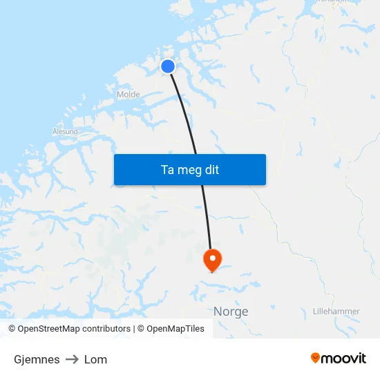 Gjemnes to Lom map