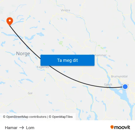 Hamar to Lom map