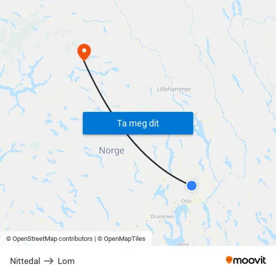 Nittedal to Lom map