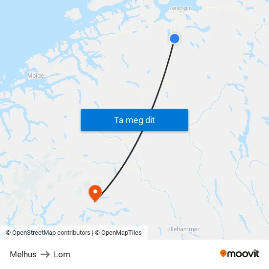 Melhus to Lom map
