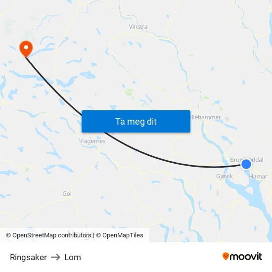 Ringsaker to Lom map