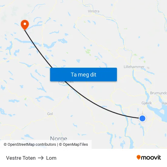 Vestre Toten to Lom map