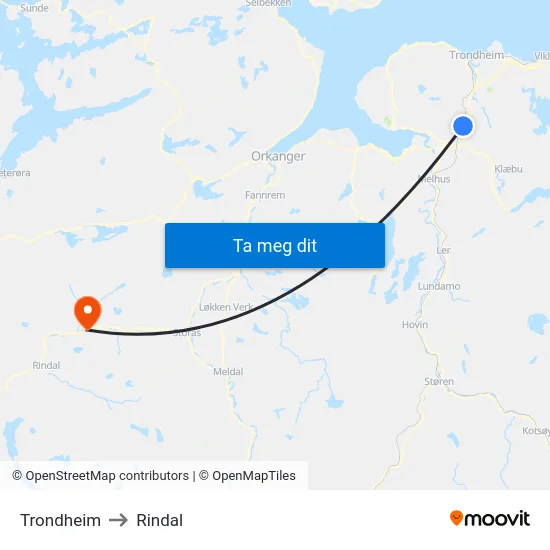 Trondheim to Rindal map