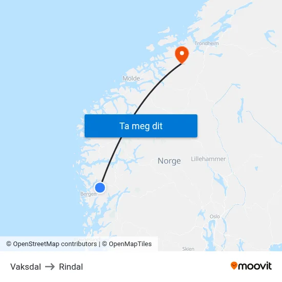 Vaksdal to Rindal map