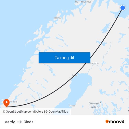 Vardø to Rindal map