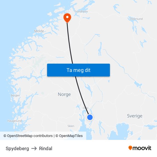 Spydeberg to Rindal map
