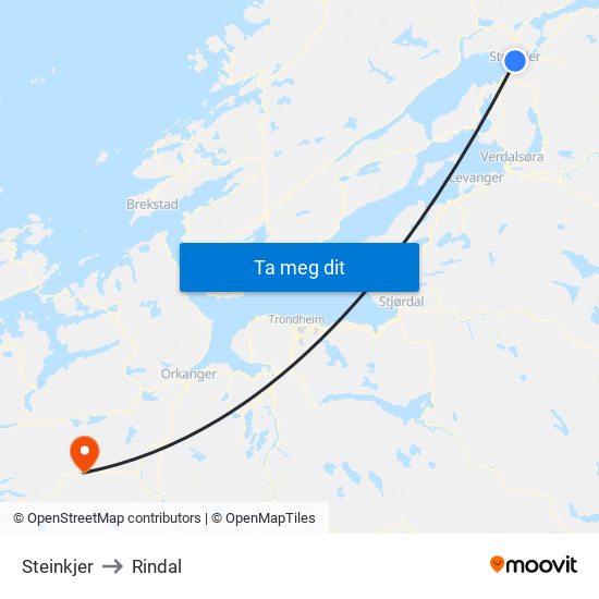 Steinkjer to Rindal map