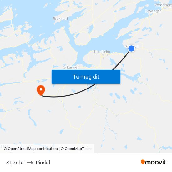 Stjørdal to Rindal map