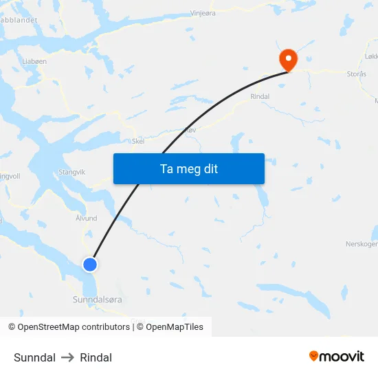 Sunndal to Rindal map