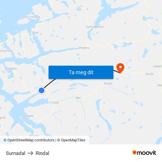 Surnadal to Rindal map