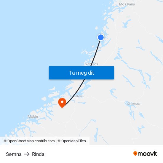 Sømna to Rindal map