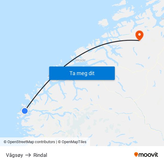 Vågsøy to Rindal map