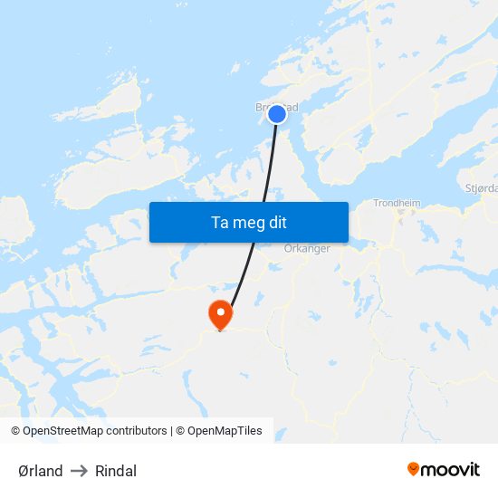 Ørland to Rindal map