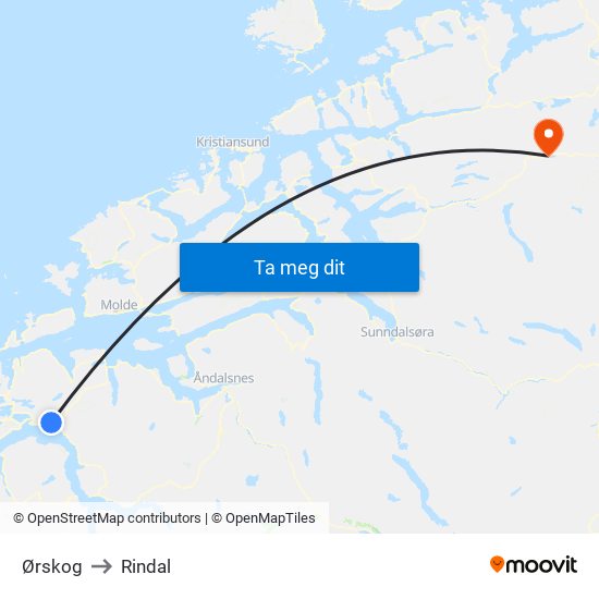 Ørskog to Rindal map