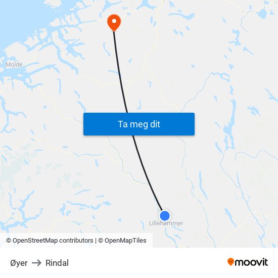 Øyer to Rindal map