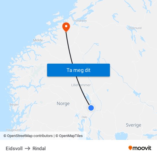 Eidsvoll to Rindal map
