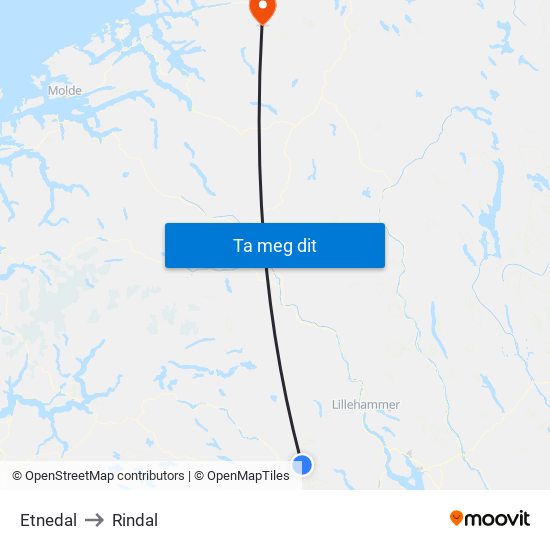 Etnedal to Rindal map