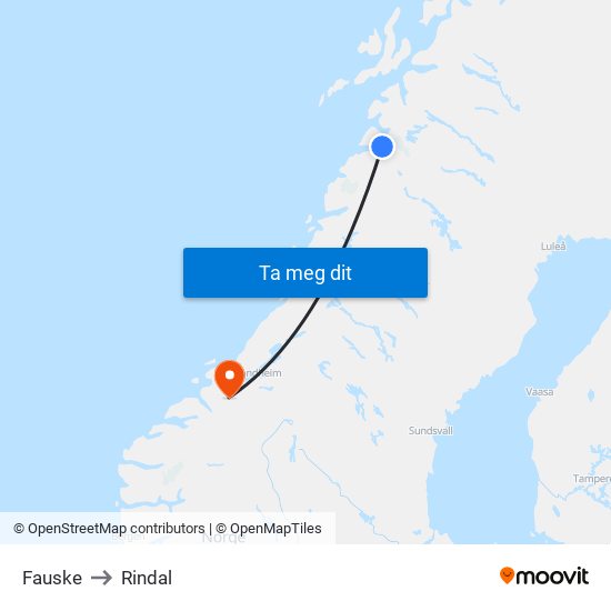 Fauske to Rindal map