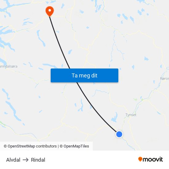 Alvdal to Rindal map