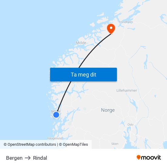 Bergen to Rindal map