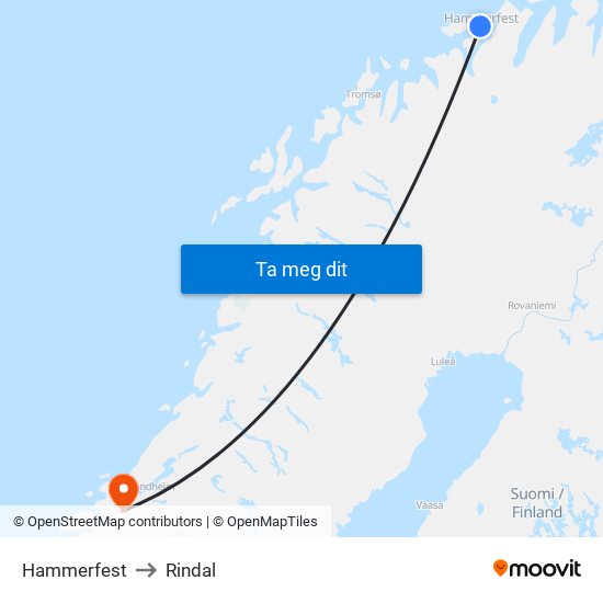 Hammerfest to Rindal map