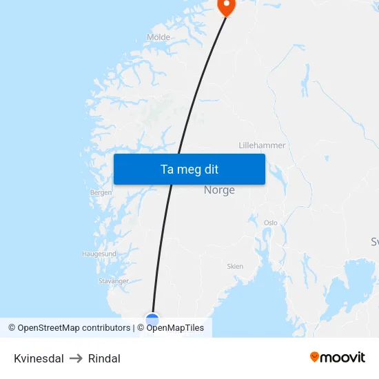 Kvinesdal to Rindal map