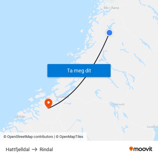 Hattfjelldal to Rindal map