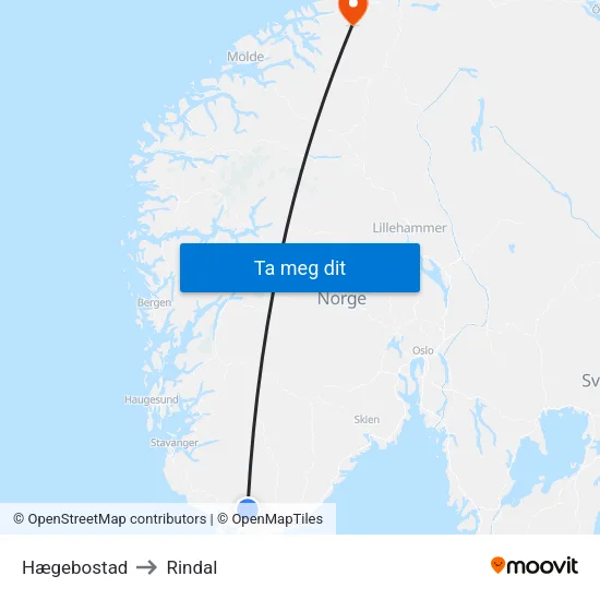Hægebostad to Rindal map