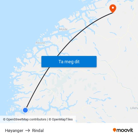 Høyanger to Rindal map