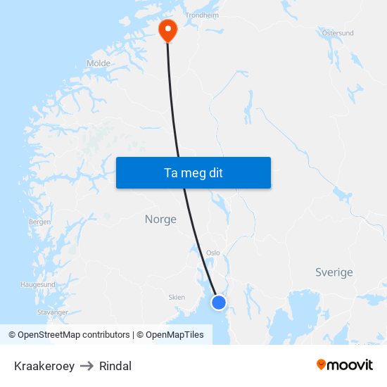 Kraakeroey to Rindal map