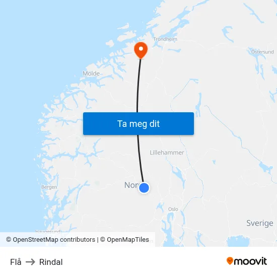 Flå to Rindal map