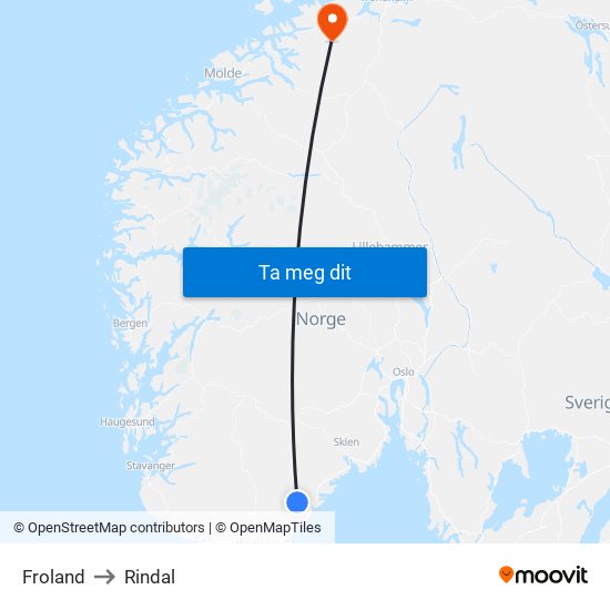 Froland to Rindal map