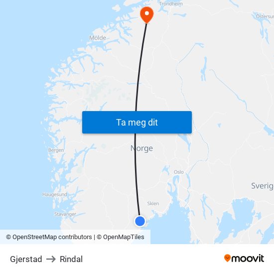 Gjerstad to Rindal map