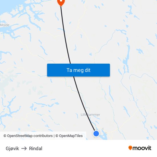 Gjøvik to Rindal map