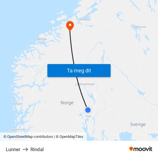 Lunner to Rindal map