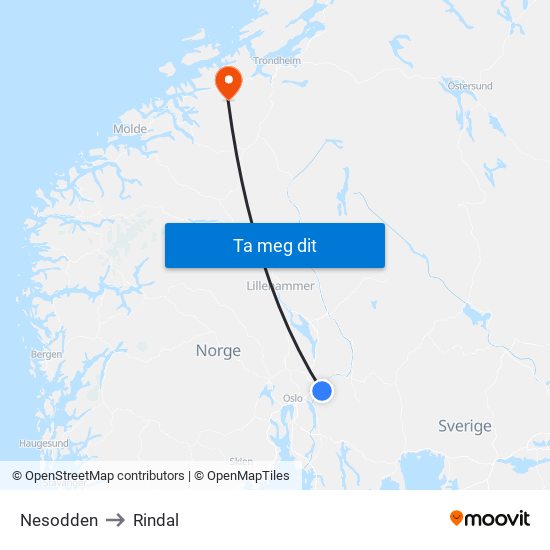 Nesodden to Rindal map