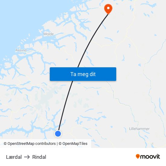 Lærdal to Rindal map