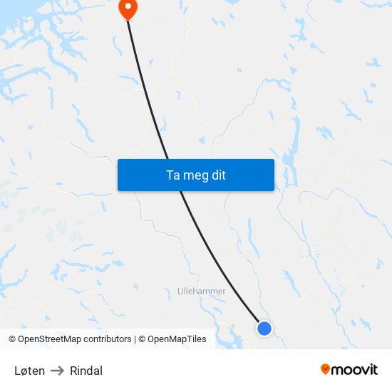 Løten to Rindal map