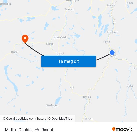 Midtre Gauldal to Rindal map