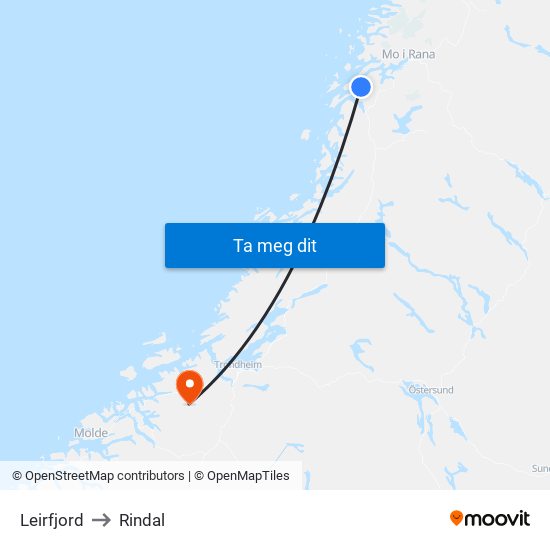 Leirfjord to Rindal map